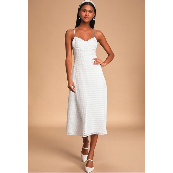 NWT Lulus Holding On White Plaid Mesh Midi Dress - Picture 5 of 11